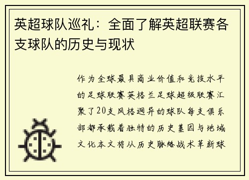 英超球队巡礼：全面了解英超联赛各支球队的历史与现状